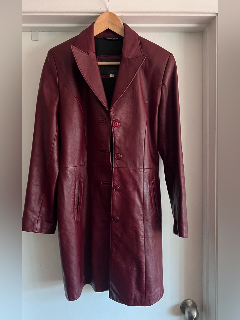 Size S Vintage 90s The Olde Hide House Burgundy Leather Trench Coat
